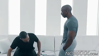 Muscular black gay ass destroys hunky lanate white stud